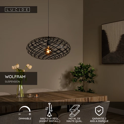 Lucide WOLFRAM - Suspension - Ø 65 cm - 1xE27 - Noir - USP